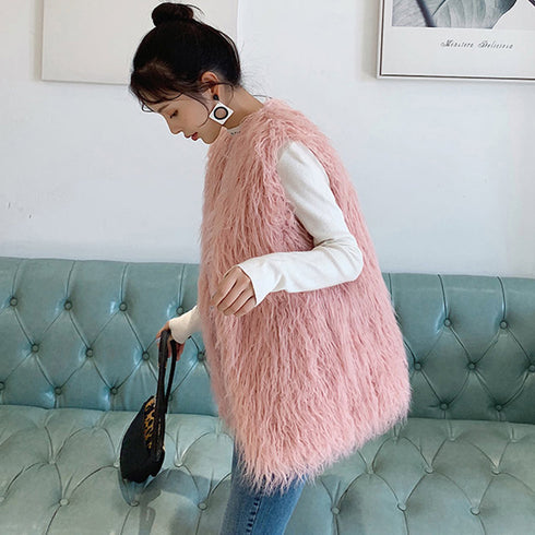 エコファーベスト レディース韓国風ベスト ボリューム シープファー風ベスト 体型カバー 重ね着ファージレフェミニンファージャケットゆったり ミドル丈ふんわり着やせ 83YMHT-001