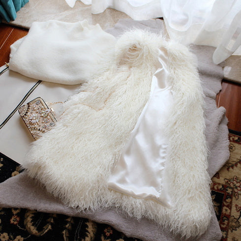 エコファーベスト レディース韓国風ベスト ボリューム シープファー風ベスト 体型カバー 重ね着ファージレフェミニンファージャケットゆったり ミドル丈ふんわり着やせ 83YMHT-001