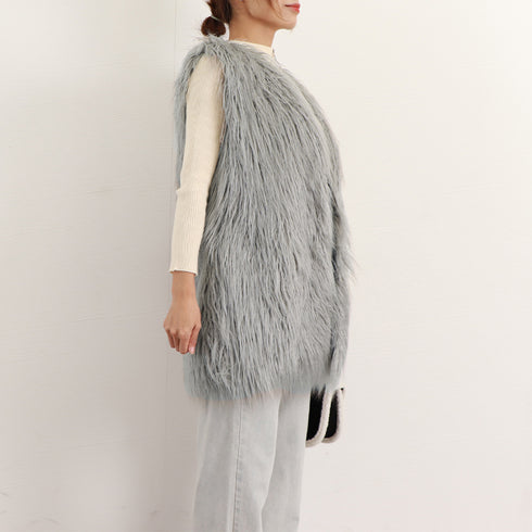 エコファーベスト レディース韓国風ベスト ボリューム シープファー風ベスト 体型カバー 重ね着ファージレフェミニンファージャケットゆったり ミドル丈ふんわり着やせ 83YMHT-001