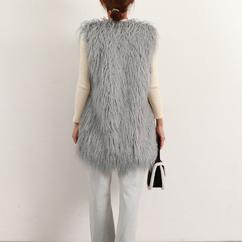 エコファーベスト レディース韓国風ベスト ボリューム シープファー風ベスト 体型カバー 重ね着ファージレフェミニンファージャケットゆったり ミドル丈ふんわり着やせ 83YMHT-001