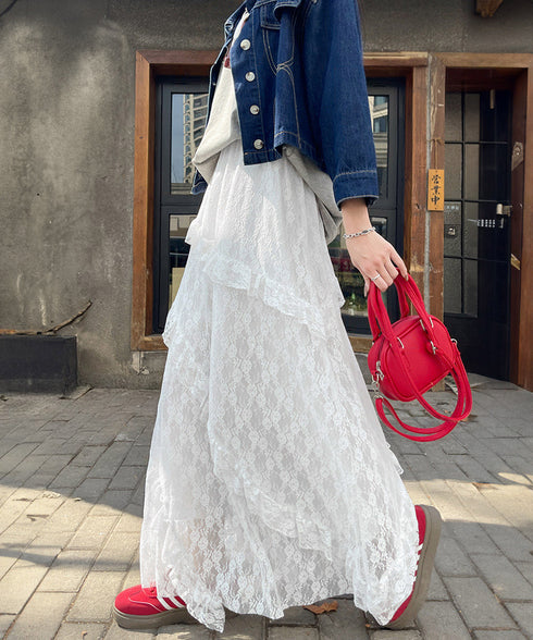 ティアードロングスカート白レーススカート レディース 可愛いふんわりスカート ハイウエスト チュールスカート ボリューム 裏地付き フリルAラインスカート お洒落 83YOUYI-001