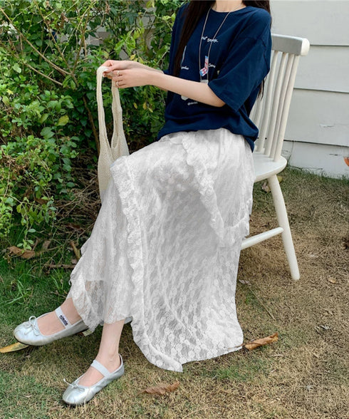ティアードロングスカート白レーススカート レディース 可愛いふんわりスカート ハイウエスト チュールスカート ボリューム 裏地付き フリルAラインスカート お洒落 83YOUYI-001