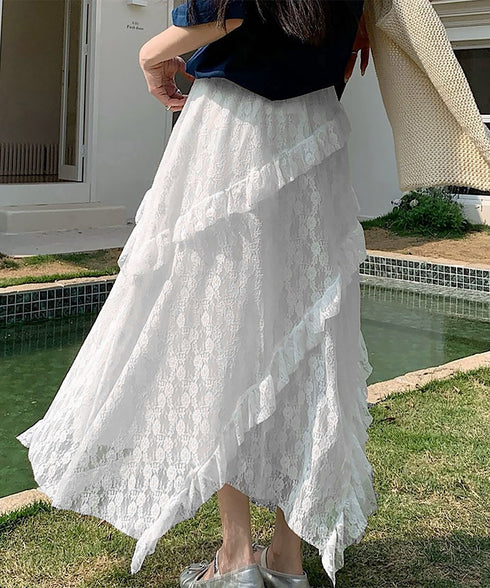 ティアードロングスカート白レーススカート レディース 可愛いふんわりスカート ハイウエスト チュールスカート ボリューム 裏地付き フリルAラインスカート お洒落 83YOUYI-001