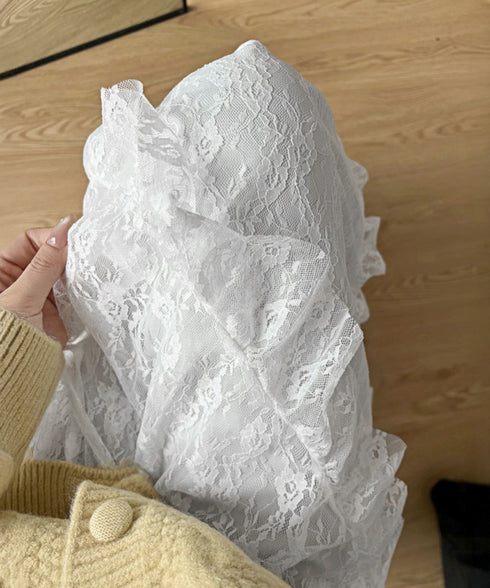 ティアードロングスカート白レーススカート レディース 可愛いふんわりスカート ハイウエスト チュールスカート ボリューム 裏地付き フリルAラインスカート お洒落 83YOUYI-001