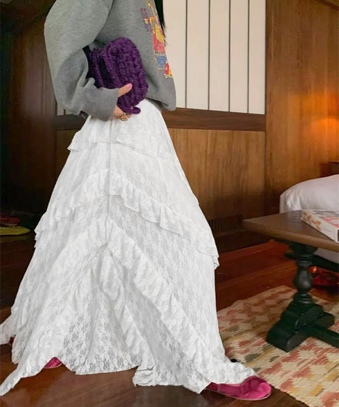 ティアードロングスカート白レーススカート レディース 可愛いふんわりスカート ハイウエスト チュールスカート ボリューム 裏地付き フリルAラインスカート お洒落 83YOUYI-001