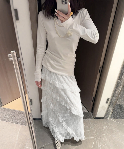 ティアードロングスカート白レーススカート レディース 可愛いふんわりスカート ハイウエスト チュールスカート ボリューム 裏地付き フリルAラインスカート お洒落 83YOUYI-001
