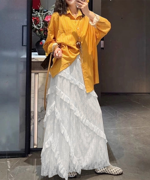 ティアードロングスカート白レーススカート レディース 可愛いふんわりスカート ハイウエスト チュールスカート ボリューム 裏地付き フリルAラインスカート お洒落 83YOUYI-001