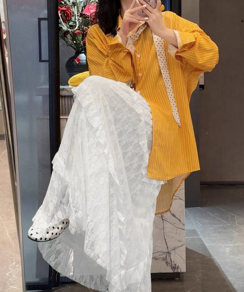 ティアードロングスカート白レーススカート レディース 可愛いふんわりスカート ハイウエスト チュールスカート ボリューム 裏地付き フリルAラインスカート お洒落 83YOUYI-001