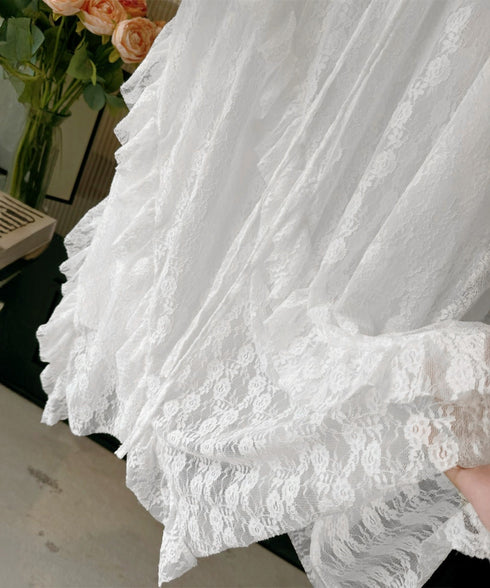 ティアードロングスカート白レーススカート レディース 可愛いふんわりスカート ハイウエスト チュールスカート ボリューム 裏地付き フリルAラインスカート お洒落 83YOUYI-001