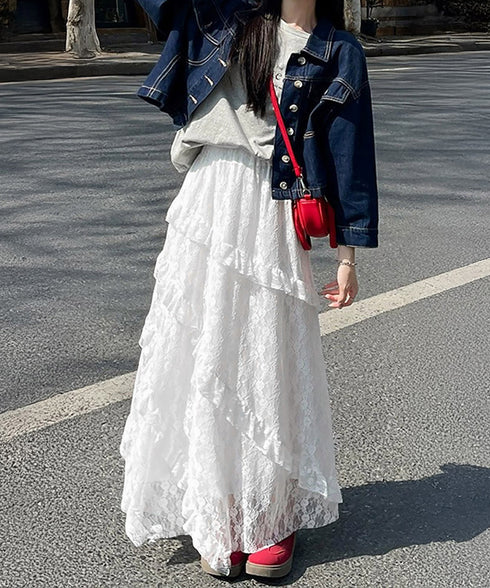 ティアードロングスカート白レーススカート レディース 可愛いふんわりスカート ハイウエスト チュールスカート ボリューム 裏地付き フリルAラインスカート お洒落 83YOUYI-001
