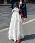 ティアードロングスカート白レーススカート レディース 可愛いふんわりスカート ハイウエスト チュールスカート ボリューム 裏地付き フリルAラインスカート お洒落 83YOUYI-001