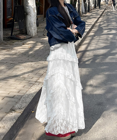 ティアードロングスカート白レーススカート レディース 可愛いふんわりスカート ハイウエスト チュールスカート ボリューム 裏地付き フリルAラインスカート お洒落 83YOUYI-001