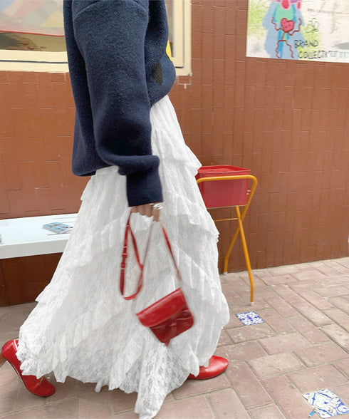 ティアードロングスカート白レーススカート レディース 可愛いふんわりスカート ハイウエスト チュールスカート ボリューム 裏地付き フリルAラインスカート お洒落 83YOUYI-001