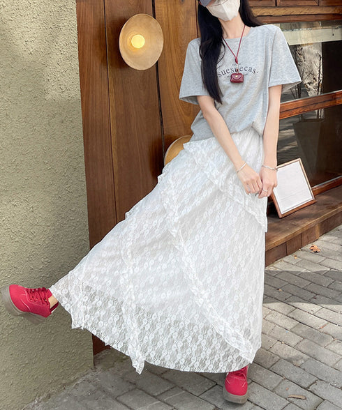 ティアードロングスカート白レーススカート レディース 可愛いふんわりスカート ハイウエスト チュールスカート ボリューム 裏地付き フリルAラインスカート お洒落 83YOUYI-001
