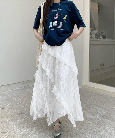 ティアードロングスカート白レーススカート レディース 可愛いふんわりスカート ハイウエスト チュールスカート ボリューム 裏地付き フリルAラインスカート お洒落 83YOUYI-001