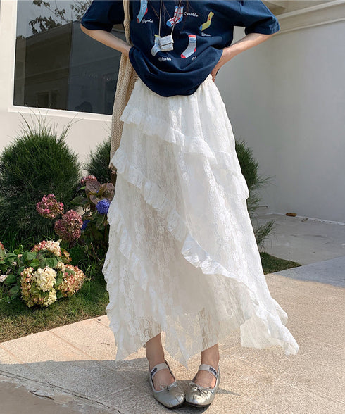 ティアードロングスカート白レーススカート レディース 可愛いふんわりスカート ハイウエスト チュールスカート ボリューム 裏地付き フリルAラインスカート お洒落 83YOUYI-001