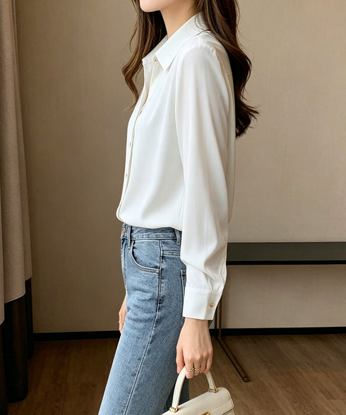 シャツブラウス 長袖 レディース シャツブラウス 長袖 レディース Vネックシャツ おしゃれ ワイシャツ 無地 スキッパーブラウス 白 春夏オフィス OL 83ZHMENGR-023