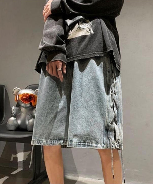 レースアップハーフデニムパンツメンズ夏服 韓国風男女兼用ハーフパンツストリート ワイド短パン ルーズデニムショーツ膝丈Y2K ウエストゴムダンスパンツユニセックス 84BOYUE-001