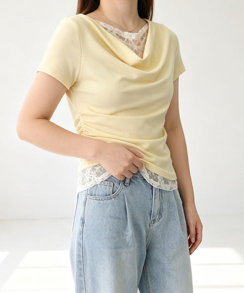 レースドッキングオフショルTシャツ 半袖 レディース オフショルダータイトトップス 上品ドレープカットソー 華奢見えアシメネック肌見せフェミニンプルオーバー韓国風 84CPMY-005