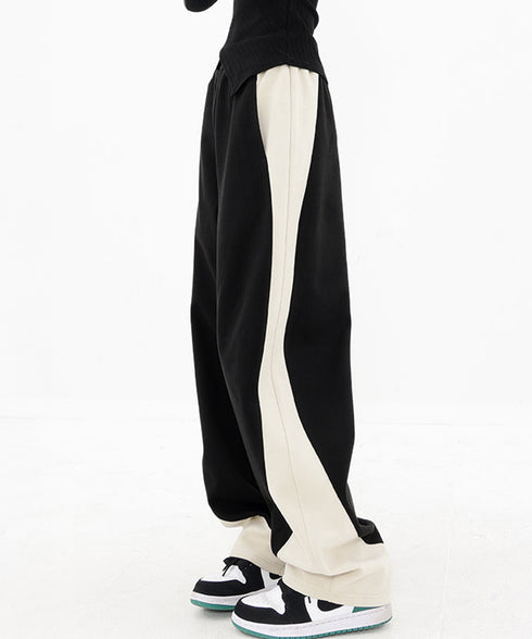 バイカラーワイドパンツ 韓国系ストリート レディース ハイウエストパンツ ウエストゴム パネルラインパンツ ゆったりランニングパンツ カジュアル ダンスパンツ人気 84DAIW-004