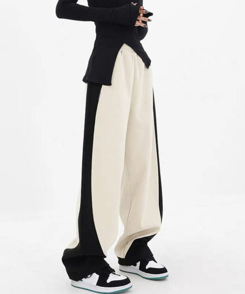 バイカラーワイドパンツ 韓国系ストリート レディース ハイウエストパンツ ウエストゴム パネルラインパンツ ゆったりランニングパンツ カジュアル ダンスパンツ人気 84DAIW-004