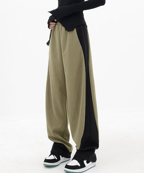 バイカラーワイドパンツ 韓国系ストリート レディース ハイウエストパンツ ウエストゴム パネルラインパンツ ゆったりランニングパンツ カジュアル ダンスパンツ人気 84DAIW-004