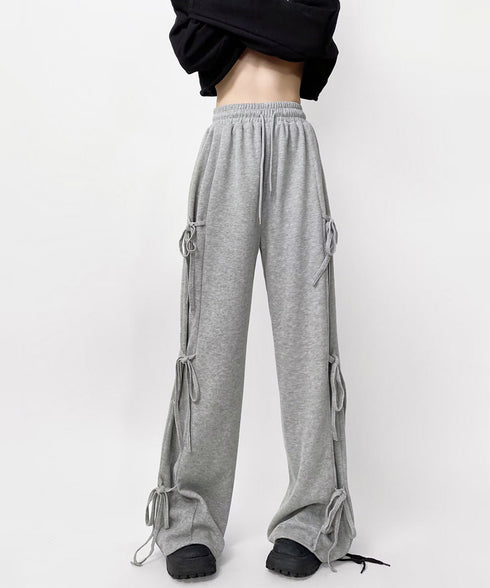 スウェットパンツサイドリボンワイドパンツ レディース ウエストゴム ストレートパンツ カジュアル ゆったり ロングパンツ 着やせボトムス 着回し長ズボン人気 無地 84DAIW-006