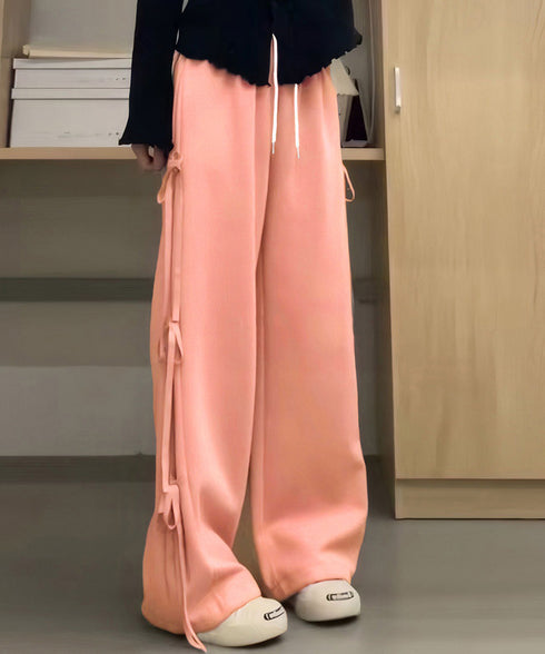 スウェットパンツサイドリボンワイドパンツ レディース ウエストゴム ストレートパンツ カジュアル ゆったり ロングパンツ 着やせボトムス 着回し長ズボン人気 無地 84DAIW-006