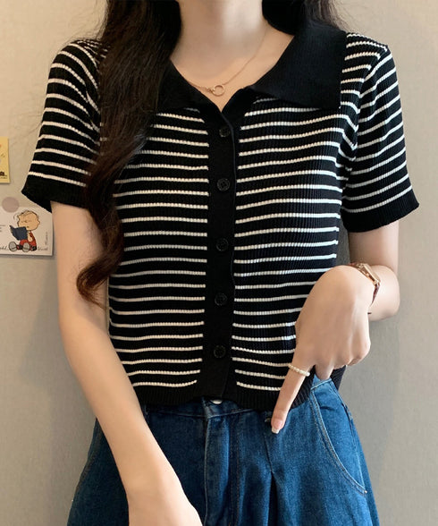 ボーダー柄ニットポロシャツレディース半袖 ニットtシャツ 薄手サマーニット 襟付きカットソー カジュアル夏服 着やせニット Vネックニットトップス 前開き 韓国風 84DAIW-007