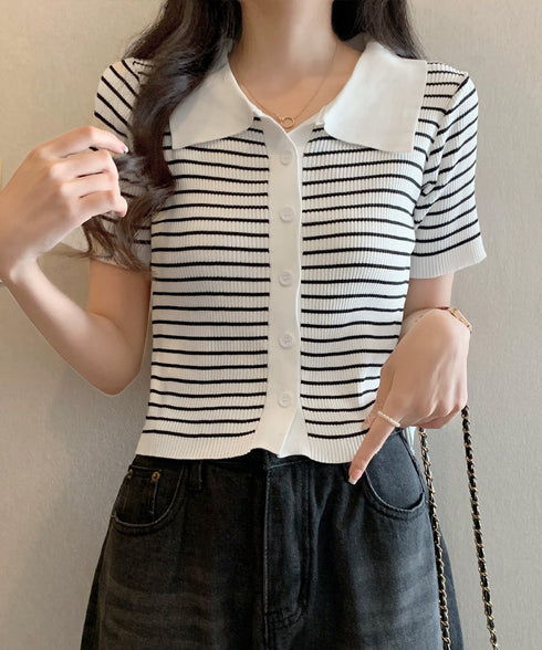 ボーダー柄ニットポロシャツレディース半袖 ニットtシャツ 薄手サマーニット 襟付きカットソー カジュアル夏服 着やせニット Vネックニットトップス 前開き 韓国風 84DAIW-007