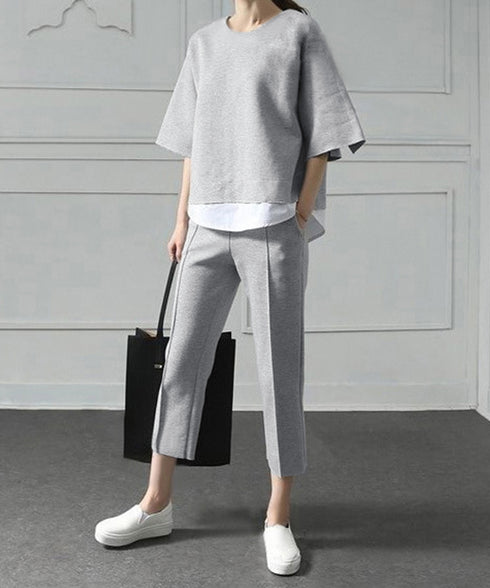 セットアップ レイヤード風カットソー春夏 重ね着風トップス シンプル 7分袖スウェットトップス 七分丈センタープレスパンツ 大人カジュア2点セット ゆったり韓国風 84DAIW-009