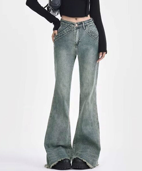 裾フリンジフレアデニムパンツ ローエッジ ベルボトムジーンズ レディース ヴィンテージ風ロングパンツ着やせ 美脚脚長ブーツカットデニム 細見えジーパン細身ボトムス 84FANHE-001