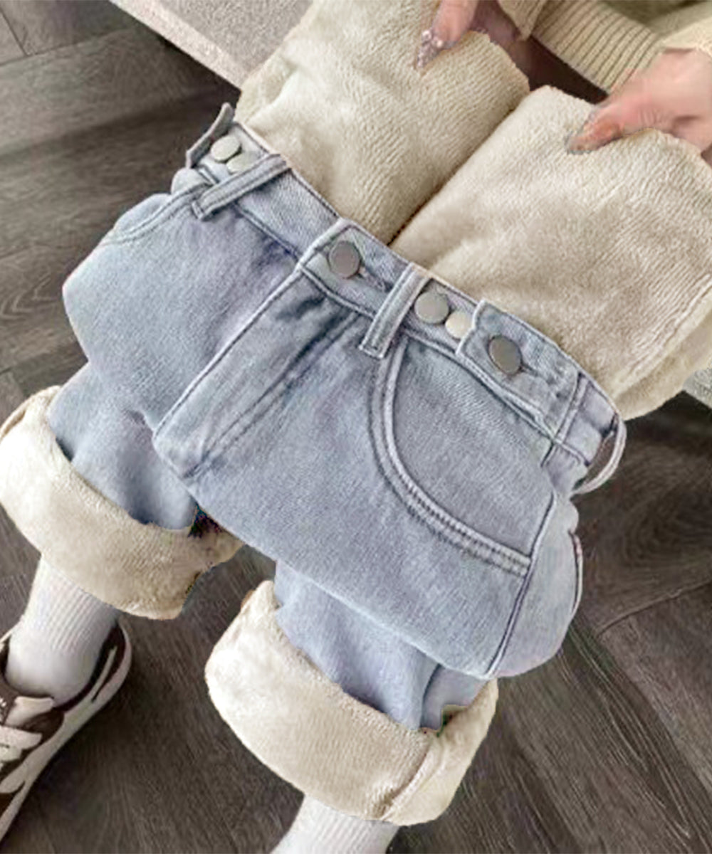 裏起毛デニムパンツウエスト調節ボタン付き サックスブルー