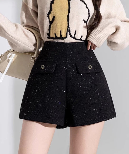ラメ付きショートパンツ 秋冬 ツイード風 レディース 体型カバーワイドパンツ ハイウエストきれいめ短パンおしゃれ 着やせショーパン美脚脚長 韓国風ポケットデザイン 84GZYM-008