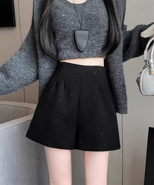 ラメツイード風ショートパンツハイウエスト 大人可愛いAラインショーパン キラキラ タック短パン 春秋冬 美脚脚長 ミニ丈パンツ膝上丈 ワイドショートパンツ 着やせ 84GZYM-009