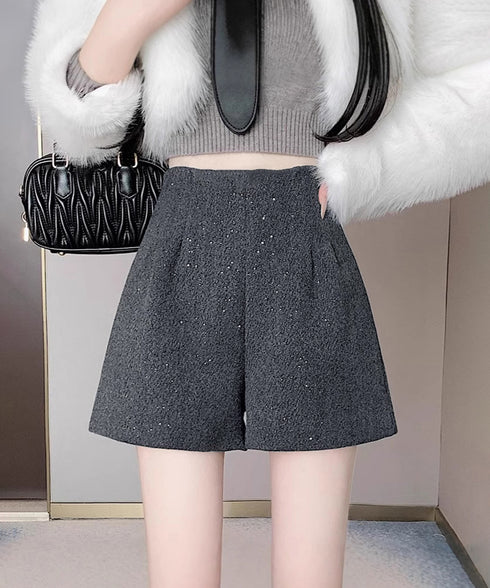 ラメツイード風ショートパンツハイウエスト 大人可愛いAラインショーパン キラキラ タック短パン 春秋冬 美脚脚長 ミニ丈パンツ膝上丈 ワイドショートパンツ 着やせ 84GZYM-009