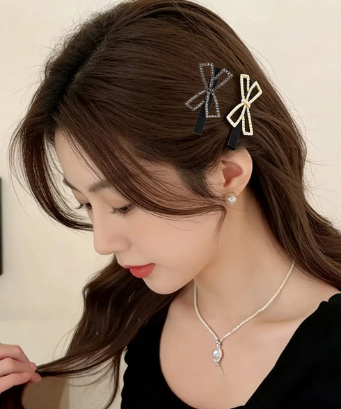 ヘアクリップ2個組リボンワニクリップミニ パールリボンピン きれいめ 前髪クリップキラキラ オシャレヘアアクセサリープチプラしっかり留まるヘアピン ビジュー髪飾り 84HG-002