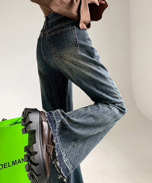 レトロ フレアデニムパンツ ローエッジ ジーパン レディース ハイウエスト ヴィンテージ 美脚脚長 ボトムス カジュアル ブーツカットデニム 着やせロングパンツ 84JIAYE-001