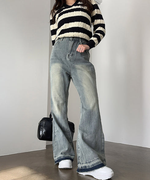 レトロ フレアデニムパンツ ローエッジ ジーパン レディース ハイウエスト ヴィンテージ 美脚脚長 ボトムス カジュアル ブーツカットデニム 着やせロングパンツ 84JIAYE-001