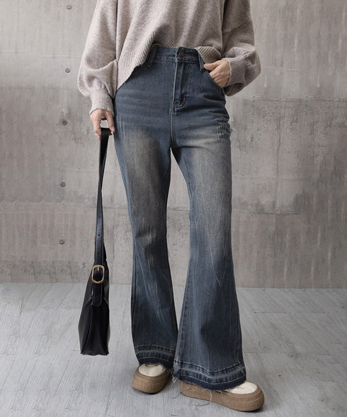 レトロ フレアデニムパンツ ローエッジ ジーパン レディース ハイウエスト ヴィンテージ 美脚脚長 ボトムス カジュアル ブーツカットデニム 着やせロングパンツ 84JIAYE-001