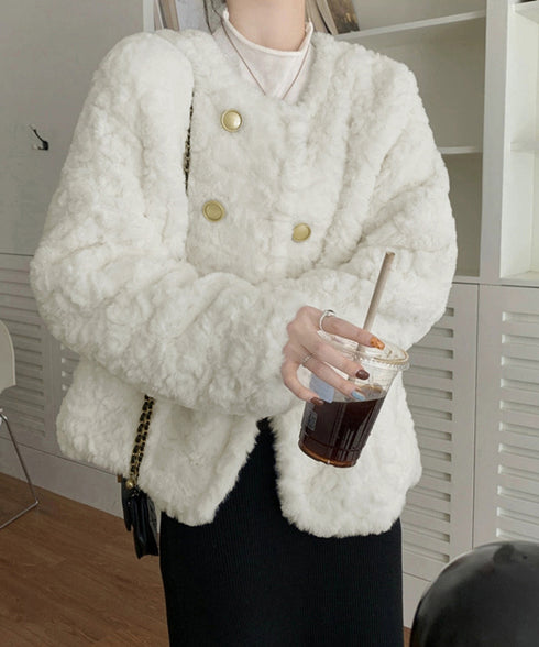 ボアジャケット もこもこアウター 韓国風 レディースフェイクファーコート 中綿入り厚手冬服 ゴールドボタン ボアブルゾン暖かい カジュアル 防寒アウター体型カバー 84JINGYI-001