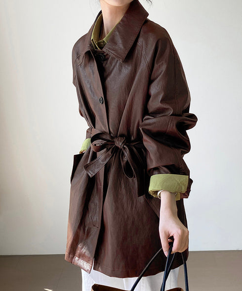 エコレザーロングジャケット韓国風アウター レディースウエストマークフェイクレザージャケット 合皮テーラードジャケットお洒落 ベルト付きアウター秋冬 カジュアル上着 84JINGYI-002