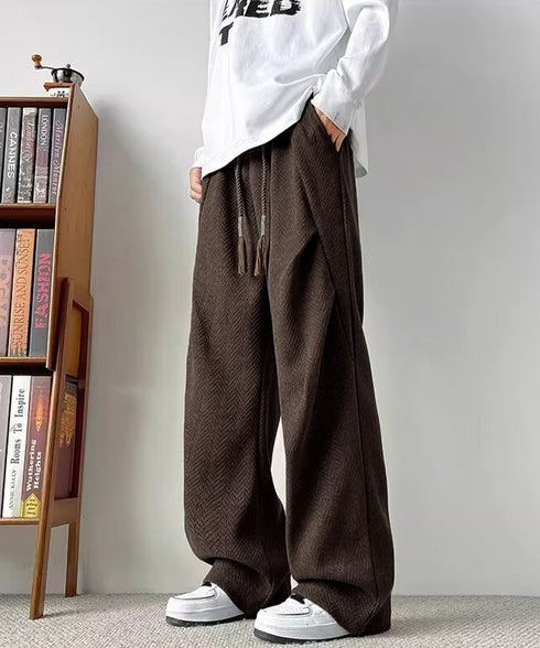 ヘリンボーン柄イージーワイドパンツメンズ ドローストリング ストレートパンツ ストリート ウエストゴムバギーパンツ韓国風 ゆったりロングパンツ リラックス春服秋服 84JIQI-011