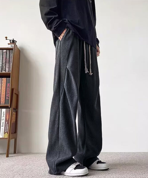 ヘリンボーン柄イージーワイドパンツメンズ ドローストリング ストレートパンツ ストリート ウエストゴムバギーパンツ韓国風 ゆったりロングパンツ リラックス春服秋服 84JIQI-011