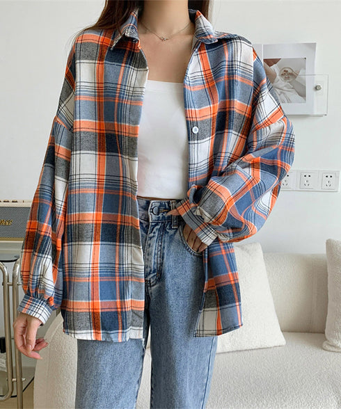 シャツ ブラウス チェック柄シャツ 長袖 レディース おしゃれ ゆったりカラーチェックシャツ カジュアルトップス レトロ韓国ファッション 10代20代30代40代 84KAILI-001