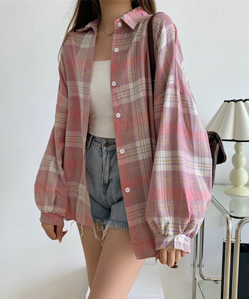 シャツ ブラウス チェック柄シャツ 長袖 レディース おしゃれ ゆったりカラーチェックシャツ カジュアルトップス レトロ韓国ファッション 10代20代30代40代 84KAILI-001