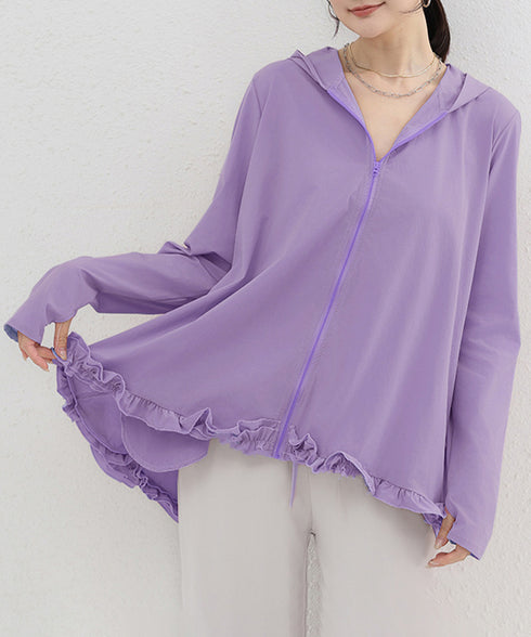 シアパーカー長袖フリルラッシュガード夏服 レディース UV対策カーディガン 日焼け止め フード付きお洒落ラッシュガード 涼しいライトアウター軽い ゆったり羽織り夏 84KAILI-009