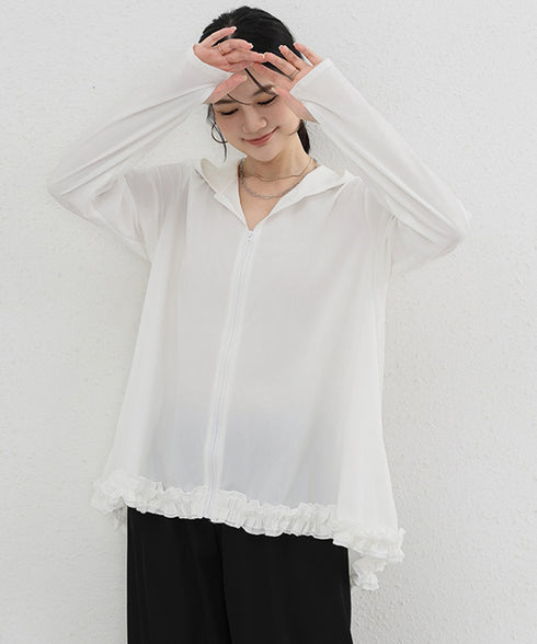 シアパーカー長袖フリルラッシュガード夏服 レディース UV対策カーディガン 日焼け止め フード付きお洒落ラッシュガード 涼しいライトアウター軽い ゆったり羽織り夏 84KAILI-009