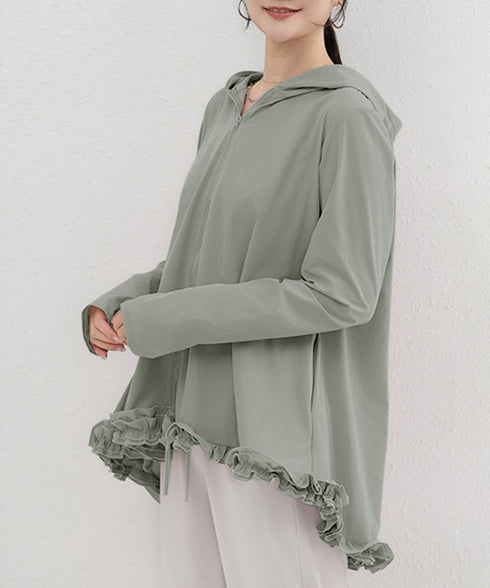 シアパーカー長袖フリルラッシュガード夏服 レディース UV対策カーディガン 日焼け止め フード付きお洒落ラッシュガード 涼しいライトアウター軽い ゆったり羽織り夏 84KAILI-009