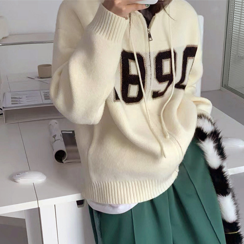 フード付き ニットカーディガン 秋冬服 アイボリー